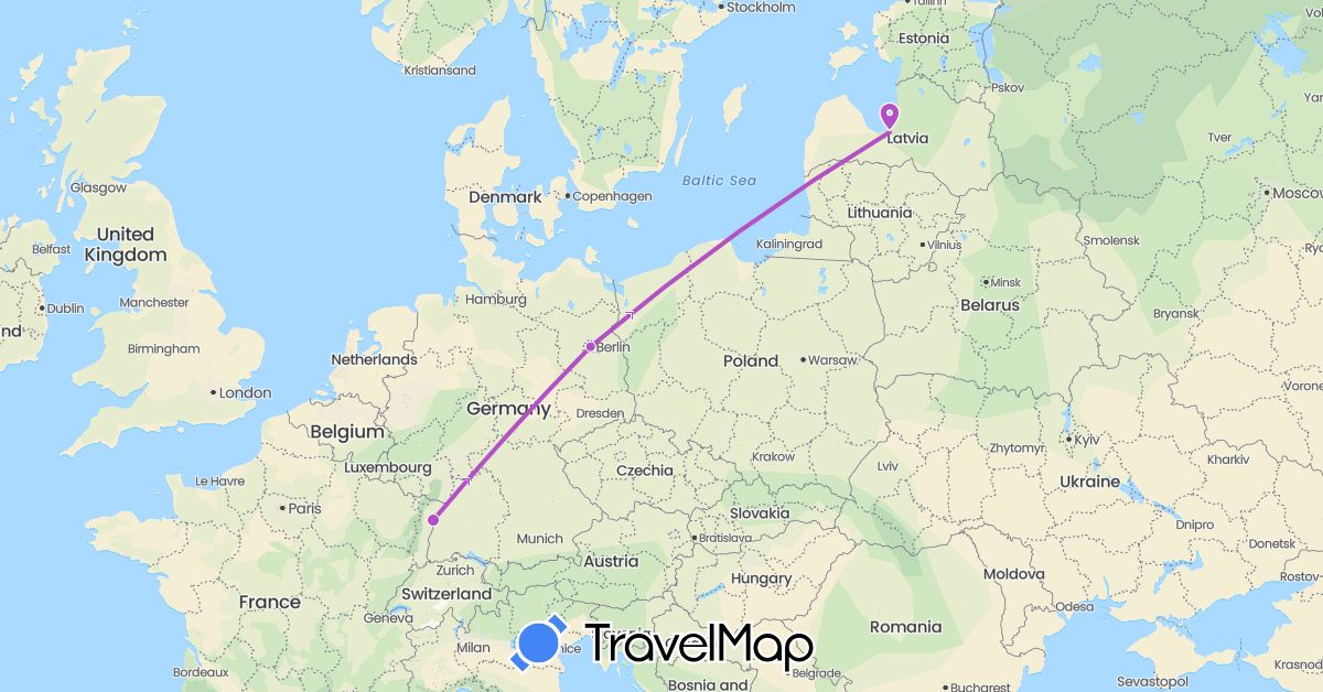 TravelMap itinerary: driving, train in Germany, France, Latvia (Europe)